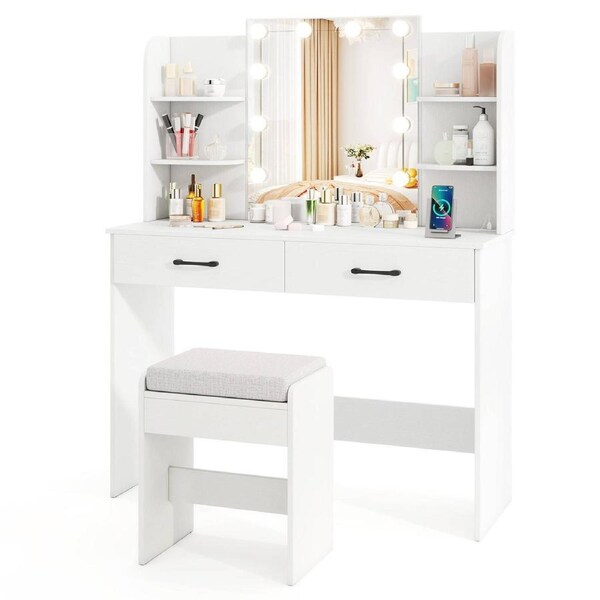 Costway Dressing Table & Stool Set w/LED Lighted Mirror & Charging Station Makeup Vanity Desk White