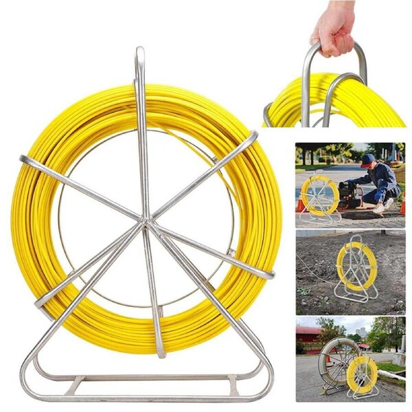 OZNALA 4.5MM 100M Fish Tape Fiberglass Reel Wire Cable Running Rod Duct Rodder Puller with Steel Reel Stand, Fishing Tools for Walls and Electrical Conduit