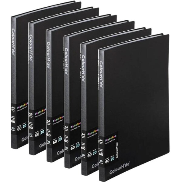 Colourhide Display Book Fixed A4 20 Sheet Pockets Black 6 Pack
