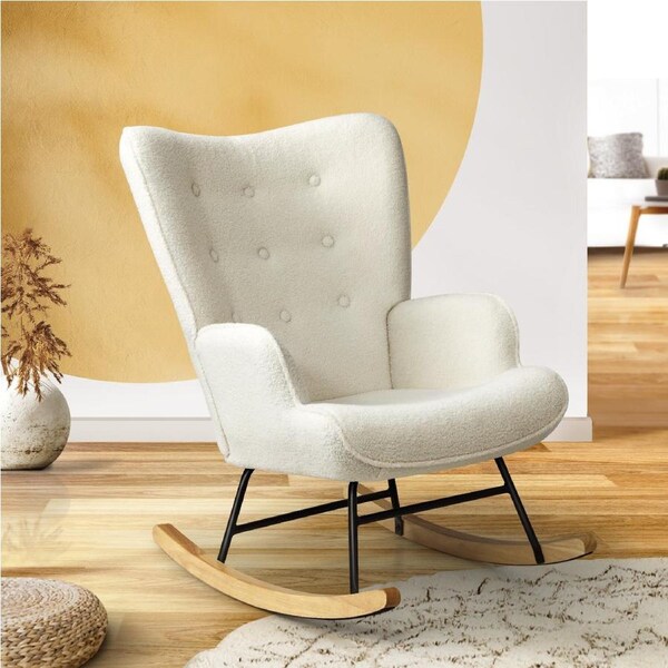 Oikiture Rocking Chair Nursing Armchair Linen Accent Chairs White