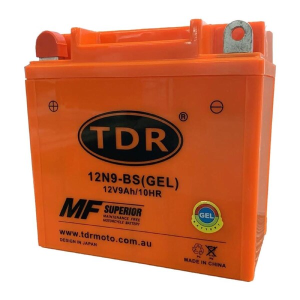 TDR GEL 12N9-BS 12V 9Ah Motorcycle Battery Maintenance-Free Sealed Design Rechargeable Absorbed Glass Mat AGM Technology Terminals Dimensions Motorbike ATV Snowmobile Watercraft Replacement YB9-B