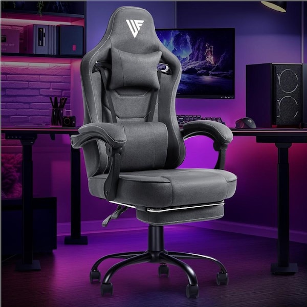 Advwin Gaming Chair with Footrest Linen Fabric Ergonomic Office Chair with Linkage Armrests High Back Computer Recliner Chair Dark Gray