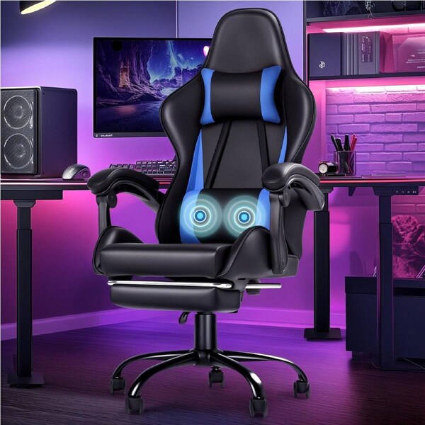 Advwin Gaming Chair Massage Lumbar Cushion Racing Style Office Computer Chair Recliner with Footrest Blue/Black