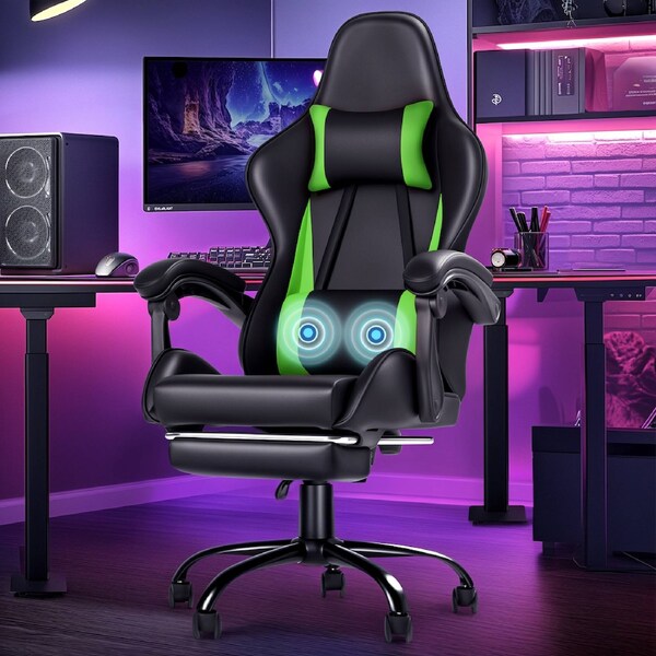 Advwin Gaming Chair Massage Lumbar Cushion Racing Style Office Computer Chair Recliner with Footrest Green/Black