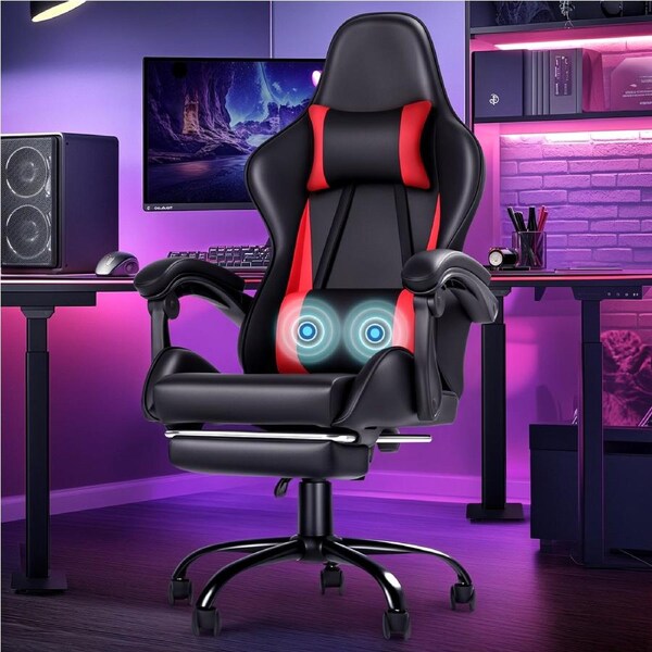 Advwin Gaming Chair Massage Lumbar Cushion Racing Style Office Computer Chair Recliner with Footrest Red/Black