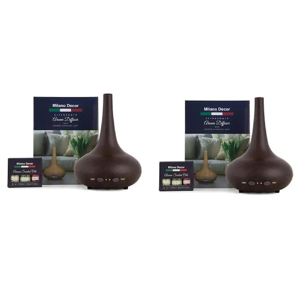 2 X Milano Decor Ultrasonic Aroma Diffusers Humidifier + 6 Diffuser Oils Set Dark Wood
