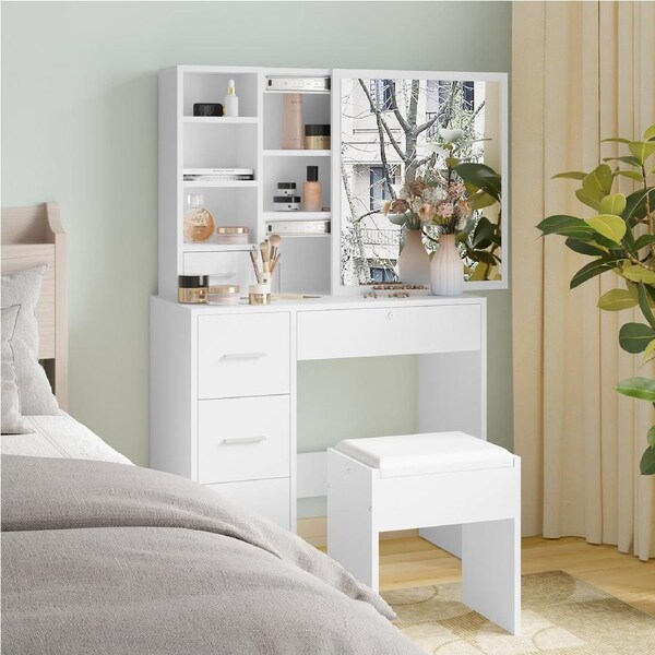 Advwin Dressing Table Stool Set Makeup Dresser Slide Mirror White