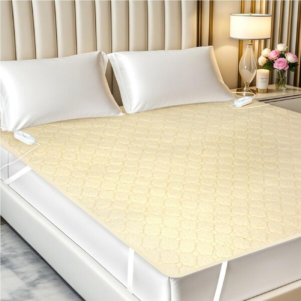 ADVWIN Double Size Electric Blanket Cotton Fluff Heated Mattress Pad with Dual Control 3 Heating Settings Beige
