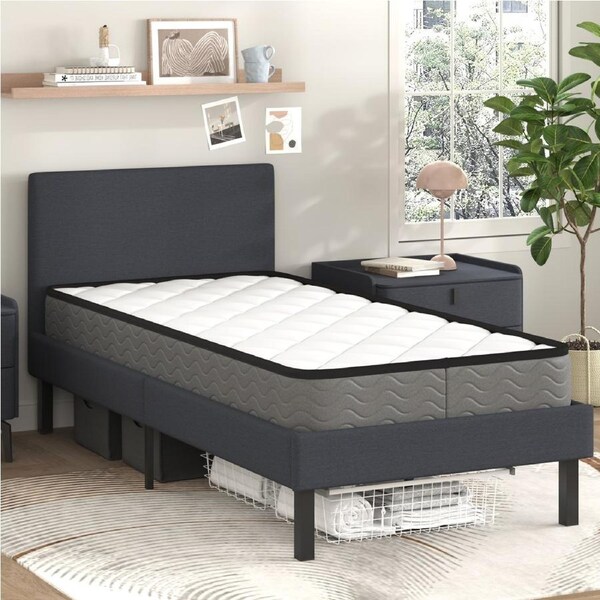 Advwin Single Bed Frame Fabric Upholstered Platform Mattress Base With Headboard & Mattress Set-Grey