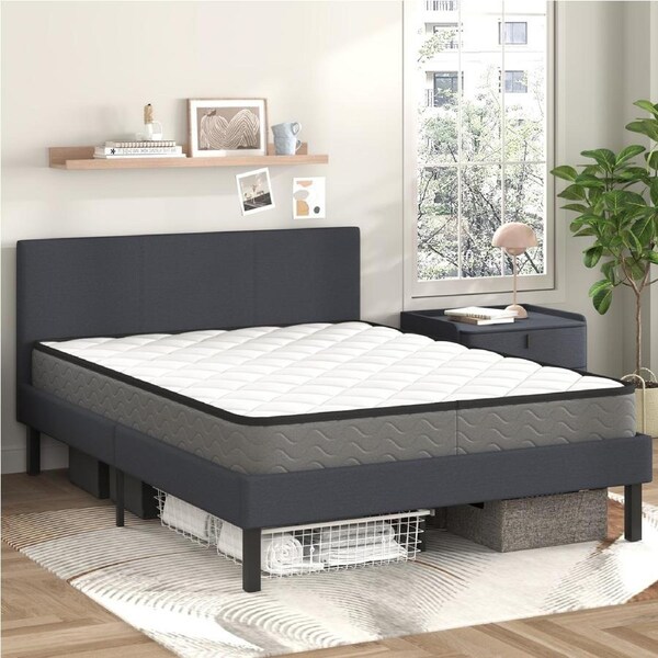 Advwin Double Bed Frame Fabric Upholstered Platform Mattress Base With Headboard & Mattress Set-Grey