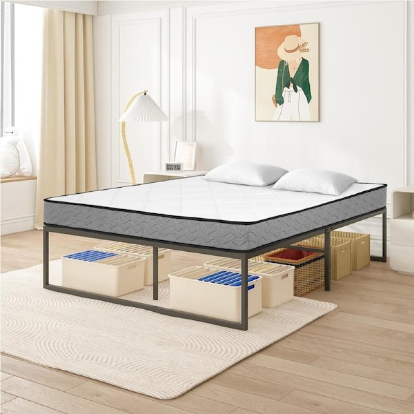 Advwin Queen Metal Bed Frame Bed Base Upholstered Platform Foundation Mattress Set