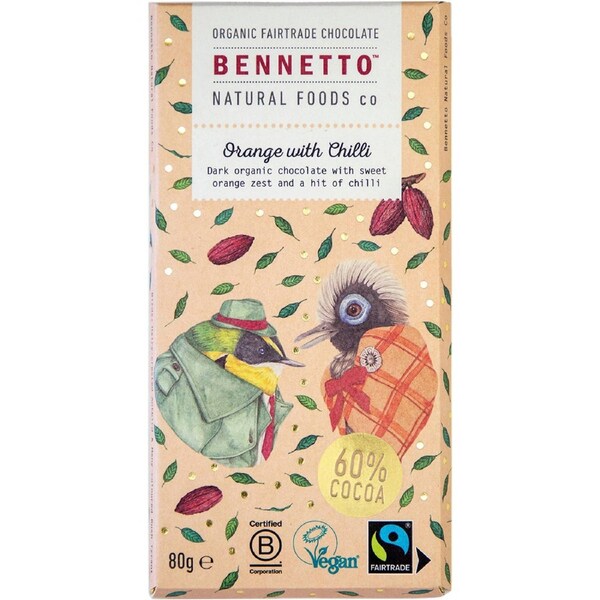 Bennetto Organic Dark Chocolate Orange with Chilli 80g (Pack of 12)
