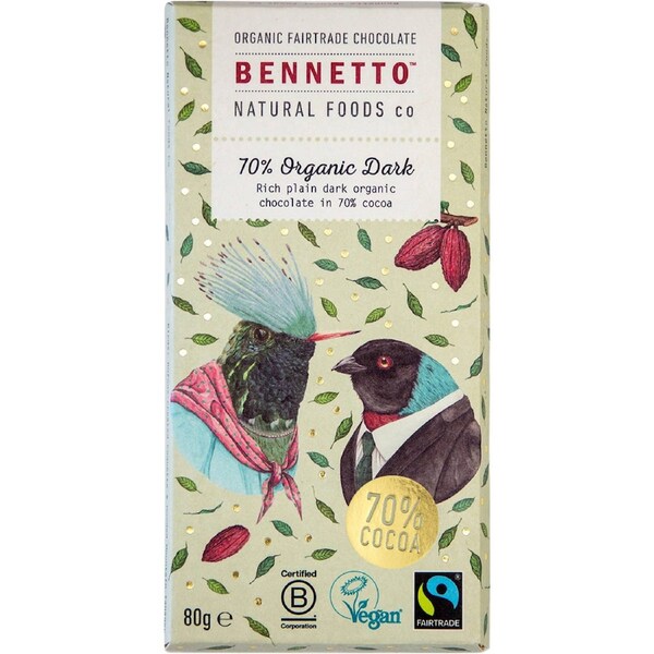 Bennetto Organic Dark Chocolate 70% Organic Dark 80g (Pack of 12)