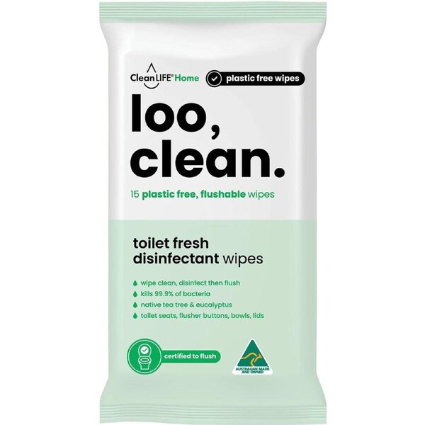 CleanLIFE Loo Clean Flushable Plastic Free Wipes 15 Pack