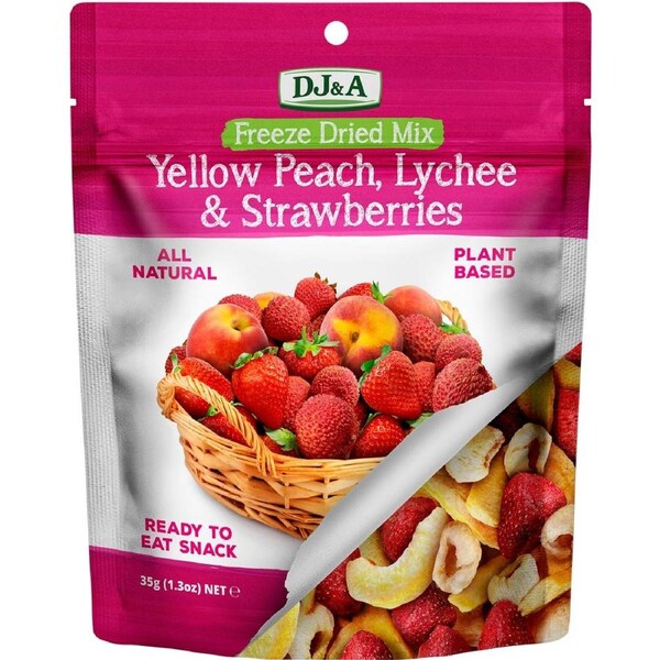 DJ&A Freeze Dried Yellow Peach, Lychee & Strawberries 35g (Pack of 10)