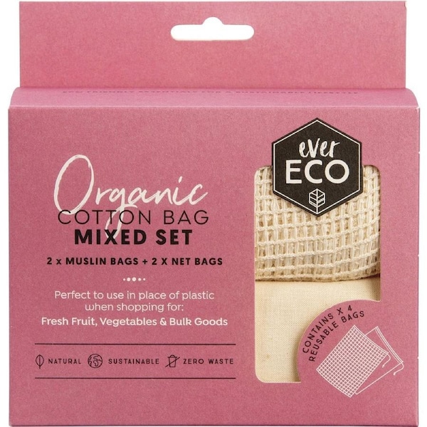Ever Eco Reusable Produce Bags Organic Cotton Mixed Set(2 x Muslin bags & 2 X Net bags) 4 Pack