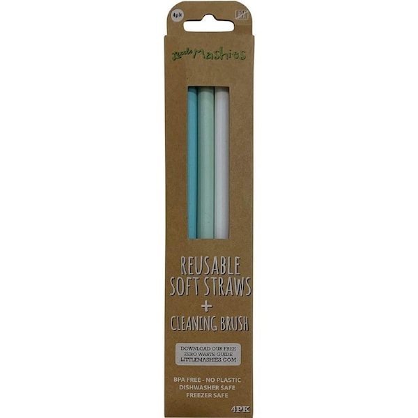 Little Mashies Reusable Soft Silicone Straws Pastel + Cleaning Brush 4 Pack