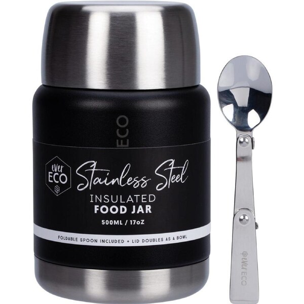 Ever Eco Insulated Stainless Steel Food Jar Onyx with Foldable Spoon & Bowl 500ml