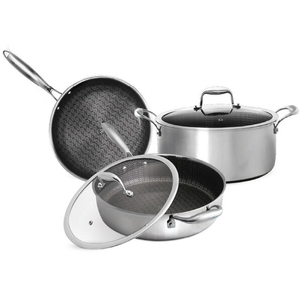Hell's Kitchen Tri-Clad 5-Piece Cookware Set - With Fry Pan, Sauté Pan, Stockpot and Tempered Glass Lids - Ultra-Durable, Super Non-Stick, Cookware