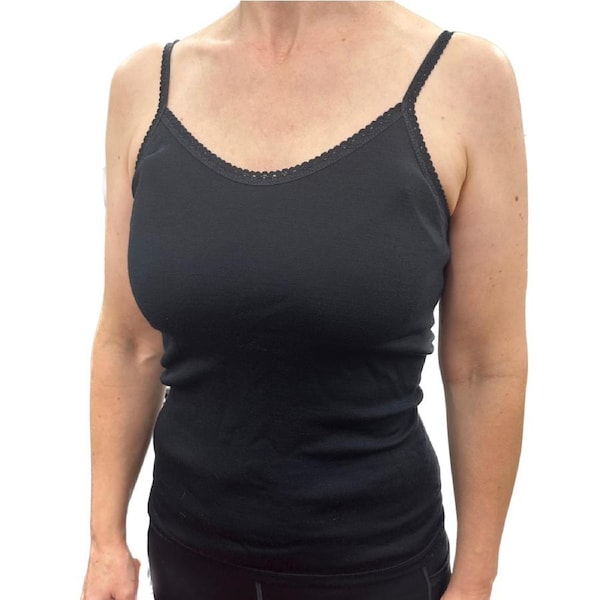 Thermo Fleece Ladies Pure Wool Camisole w Lace Thermal Thermals Top Singlet - Black XS