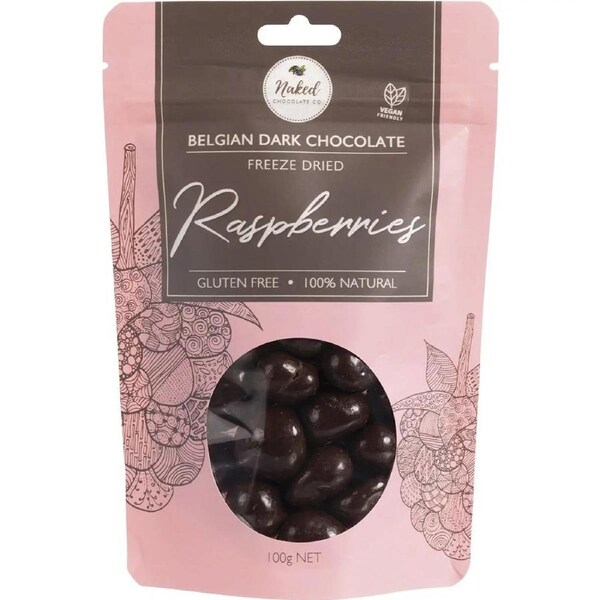 NAKED CHOCOLATE CO Freeze Dried Raspberries Dark Chocolate 100g