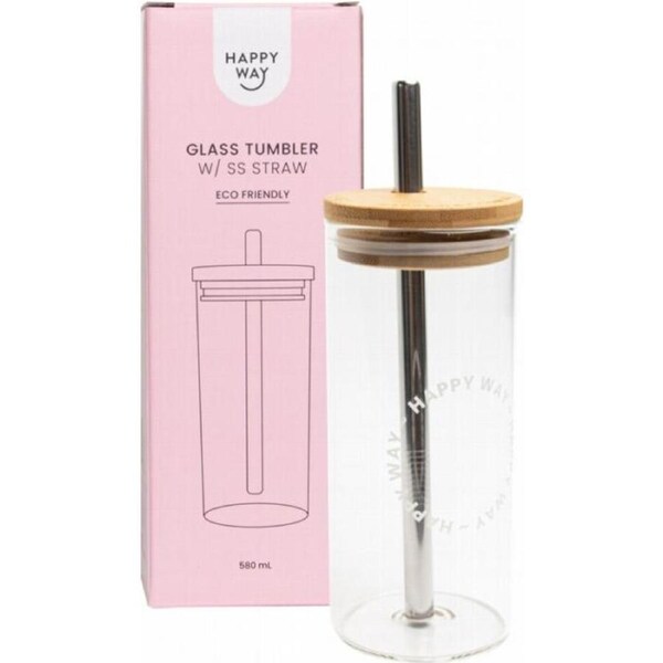 HAPPY WAY Glass Tumbler With Stainless Steel Straw 580ml