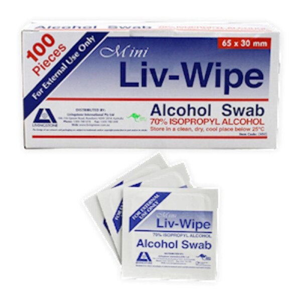 Liv-Wipe Alcohol Wipes Mini Alcohol Swabs (65 x 30mm) x 100 Sheets Box