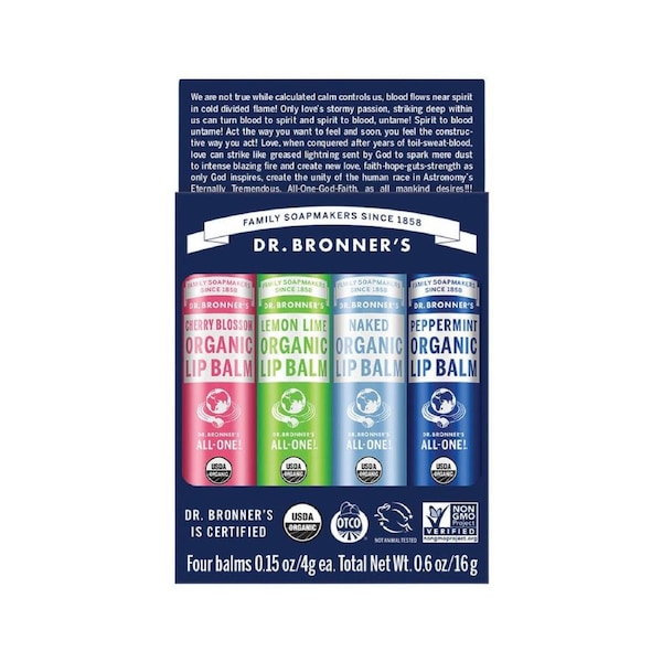 Dr. Bronner's Organic Lip Balm 4g x 4 Pack (contains: Cherry Blossom, Lemon Lime, Naked & Peppermint)