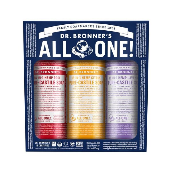 Dr. Bronner's Pure-Castile Soap Liquid (Hemp 18-in-1) Carnival 3 x 237ml Pack (contains: Rose, Citrus & Lavender)