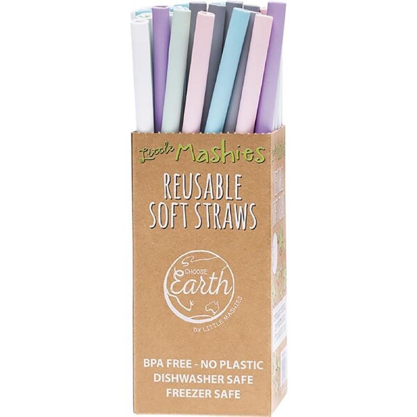 LITTLE MASHIES Reusable Soft Silicone Straws + Brushes x50