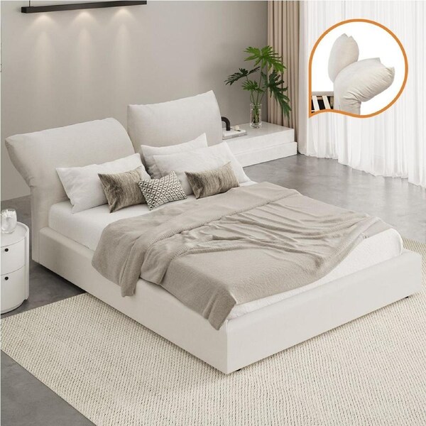 Oikiture Bed Frame Queen Size Base with Adjustable Headboard Fabric Beige