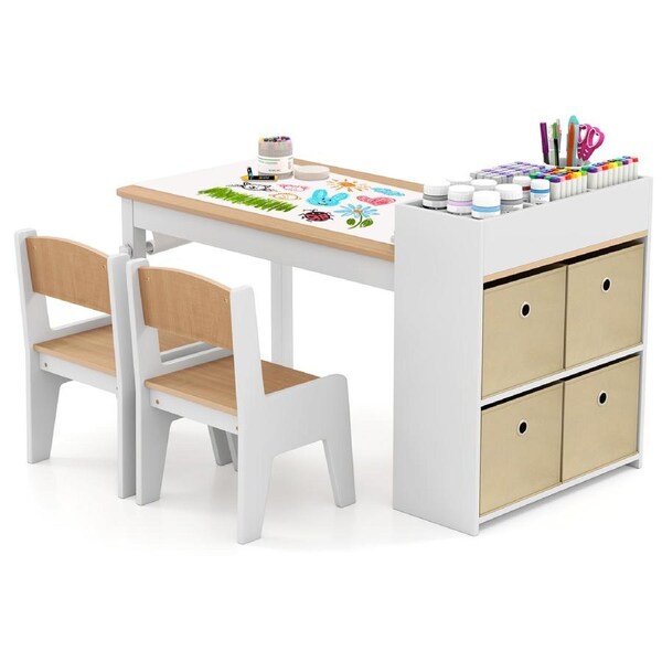 Costway Art Table Chairs Set Wooden Craft Study Desk w/Paper Roll Storage Shelves & Bins Natural