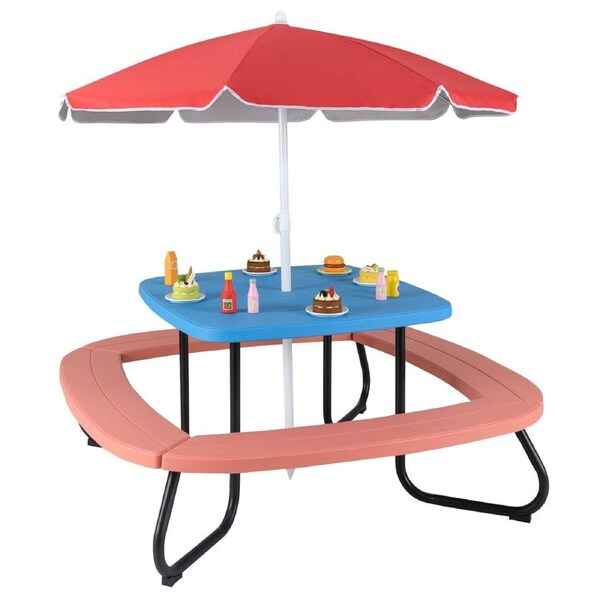 Costway 8 Person Picnic Table Set w/4 Built-in Benches & Adjustable Foldable Umbrella Outdoor Garden Patio Red