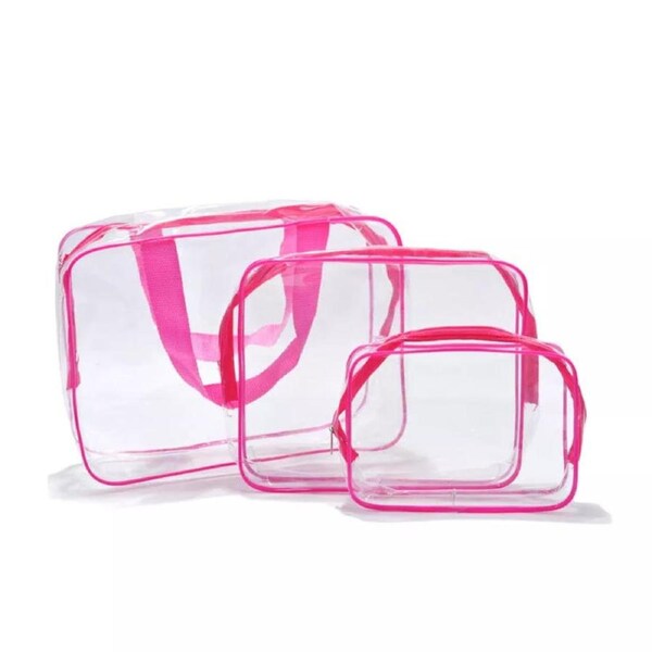 Travel Wash Bag Holder Set Cosmetic Makeup Toiletry Clear PVC Organizer Pink