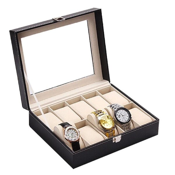 Watch Box Organizer 12 Grid Leather Case Display Jewelry Showcase Storage