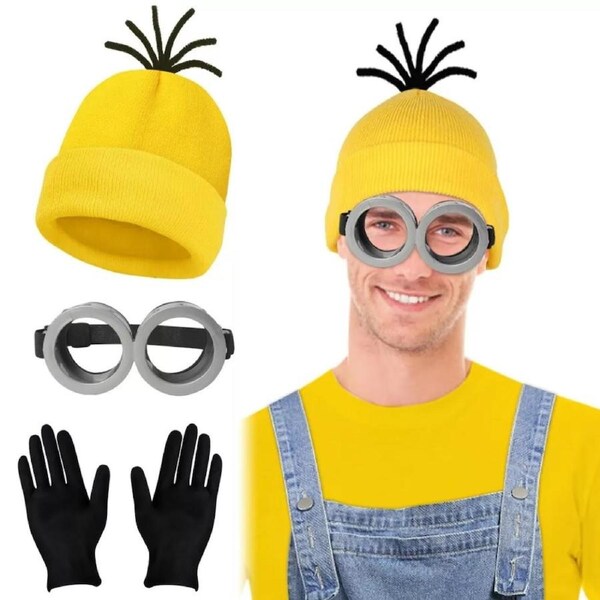 Hats for Adult Yellow Beanie 3 PCS Minions Steampunk Goggles Glasses