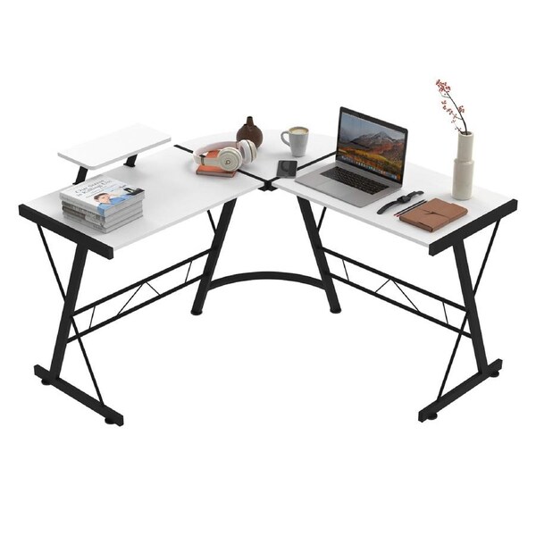 Advwin L Shaped Computer Desk Corner Gaming Desk with Removable Shelf Stand Study Table Workstation White