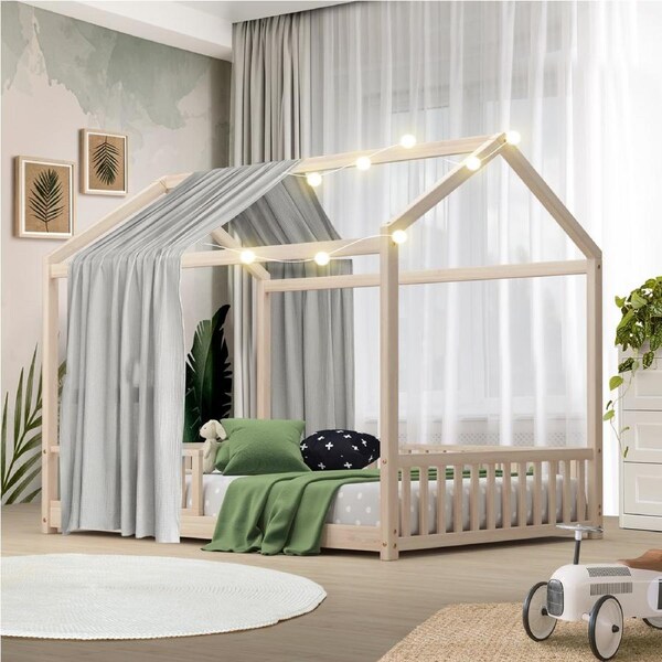 Oikiture Kids Wooden Bed Frame House Beds Platform Double Natural Timber Pine