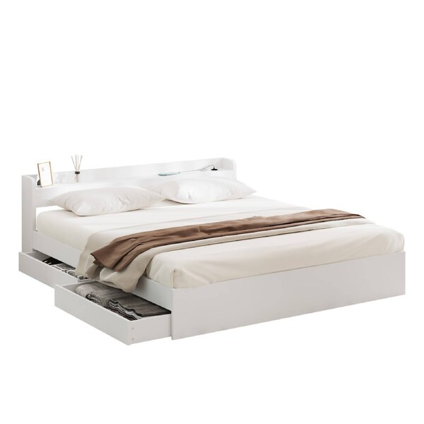 Oikiture Wooden Bed Frame King Size with Charging Ports & 2 Drawers ...