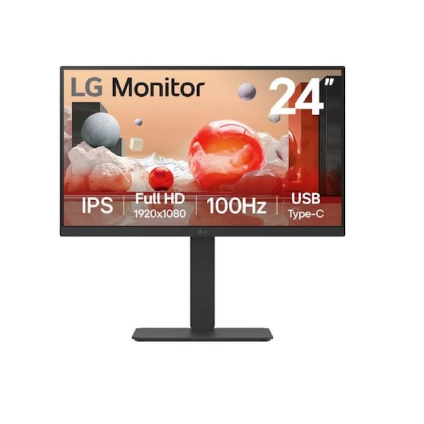 LG 24' IPS FHD 1920 x 1080, USB-C 65w PD, RJ45 100Hz 5ms, AMD FreeSync 16:9 Tilt/Height/Swivel/Pivot (Bi-direction) adjustable stand, 3yrs Monitor 24BA750-B