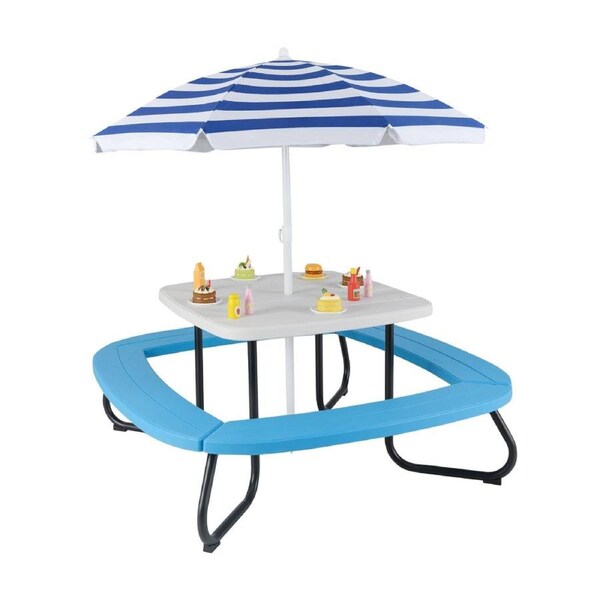 Costway 8 Person Picnic Table Set w/4 Built-in Benches & Adjustable Foldable Umbrella Outdoor Garden Patio Blue