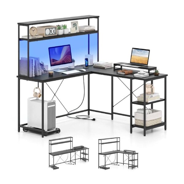 Costway Reversible L-Shaped Gaming Desk w/Power Outlets & Monitor Stand LED Computer Corner Desk Study Table Black