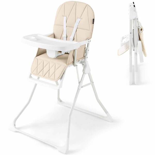 Costway Foldable High Chair Compact Portable Feeding Highchair w/PU Seat Cushion & Adjustable Tray