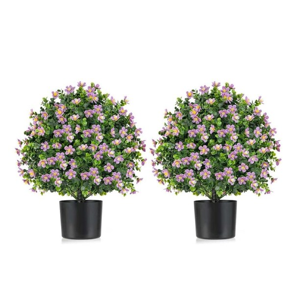 Costway 2 Pack Artificial Boxwood Topiary Ball Tree w/Purple Flowers Potted Fake Decorative Plant