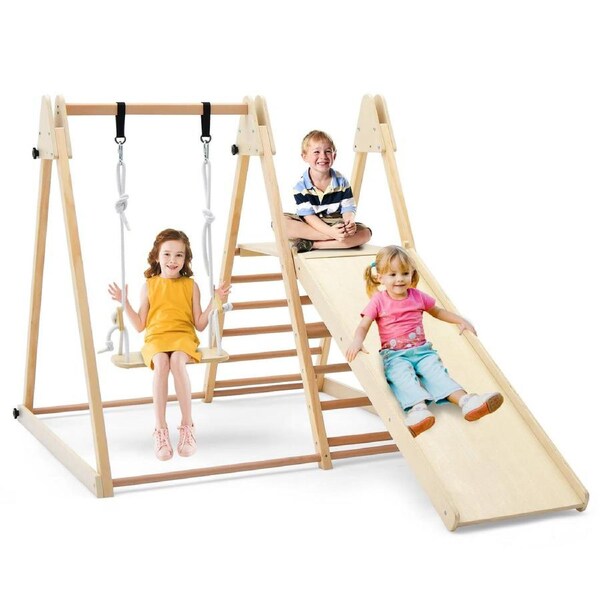 Costway Climb Playset 5-in-1 Foldable Wood Climber Frame w/Climbing Ladder Slide Ramp & Swing Gym Activity Center