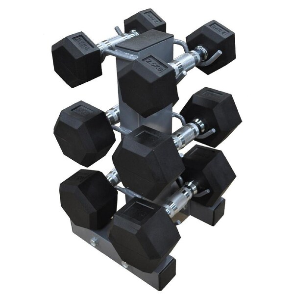2.5-5-7.5kg - Total 30kg 3 Pair Hex Rubber Dumbell Weight Set with YAX-8 Rack