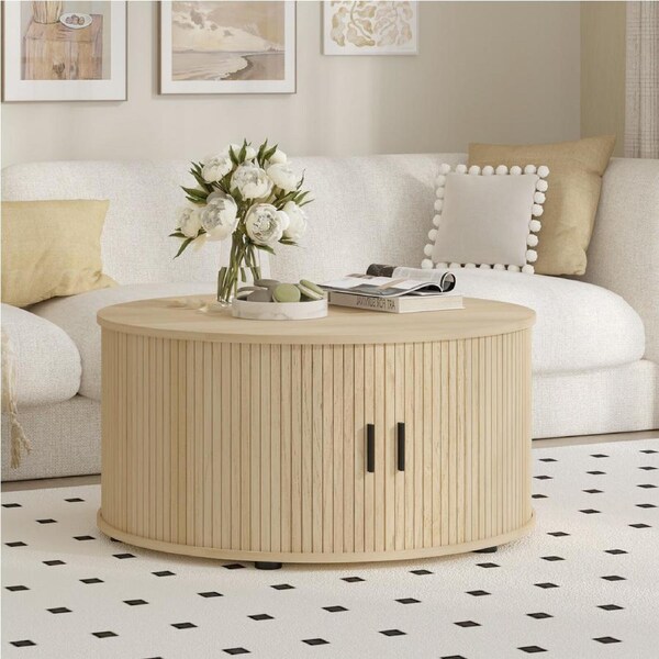 Fluted Round Coffee Table 80CM Drum Coffee Table with Sliding Tambour Door