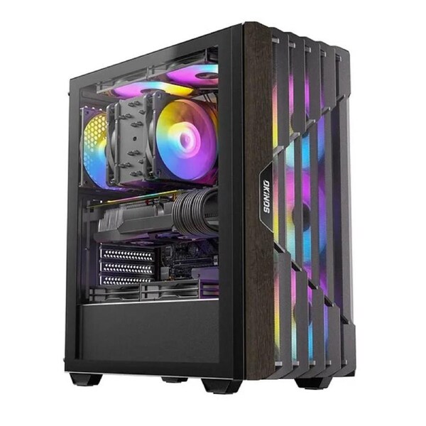 OKINOS Cypress P5 ARGB Oak Wood Trim ATX, 4x120mm ARGB Non-PWM Fans Pre-Installed,Type-C,Tempered Glass Side Panel,Black Mid-Tower Case CAO-CYP5ARGB