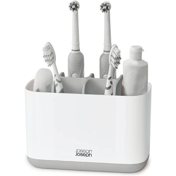 Joseph Joseph Bathroom EasyStore Compact Toothbrush Holder Caddy Bathroom Storage, White/Grey