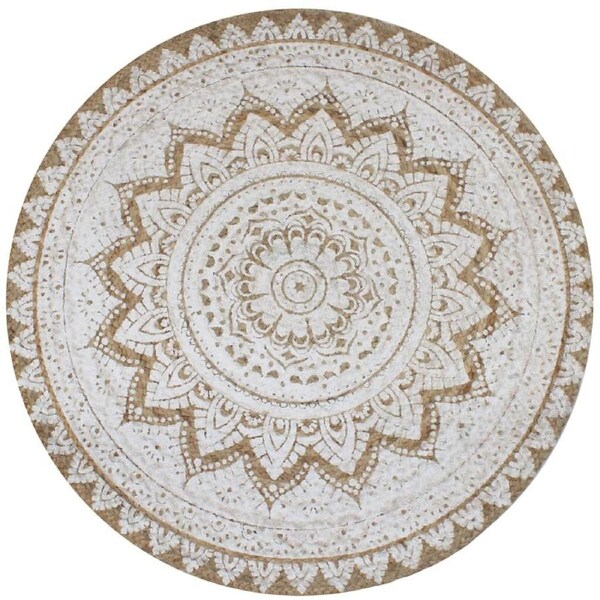 Round Floor Carpet Braided Jute Mandala Print Reversible Design Area Rug 150cm